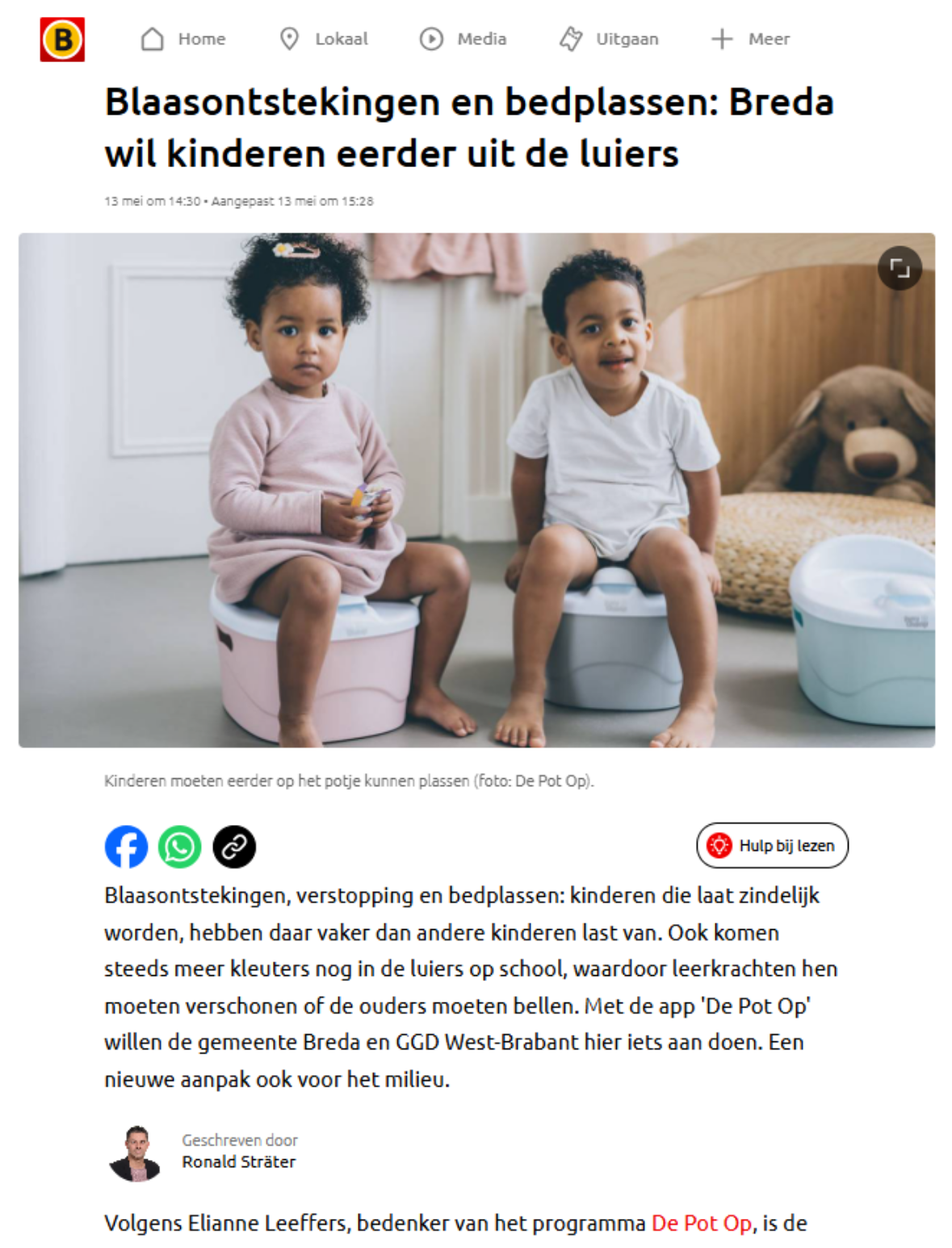 Two toddlers sit on child-sized potty chairs in a bright playroom, with a teddy bear in the background.